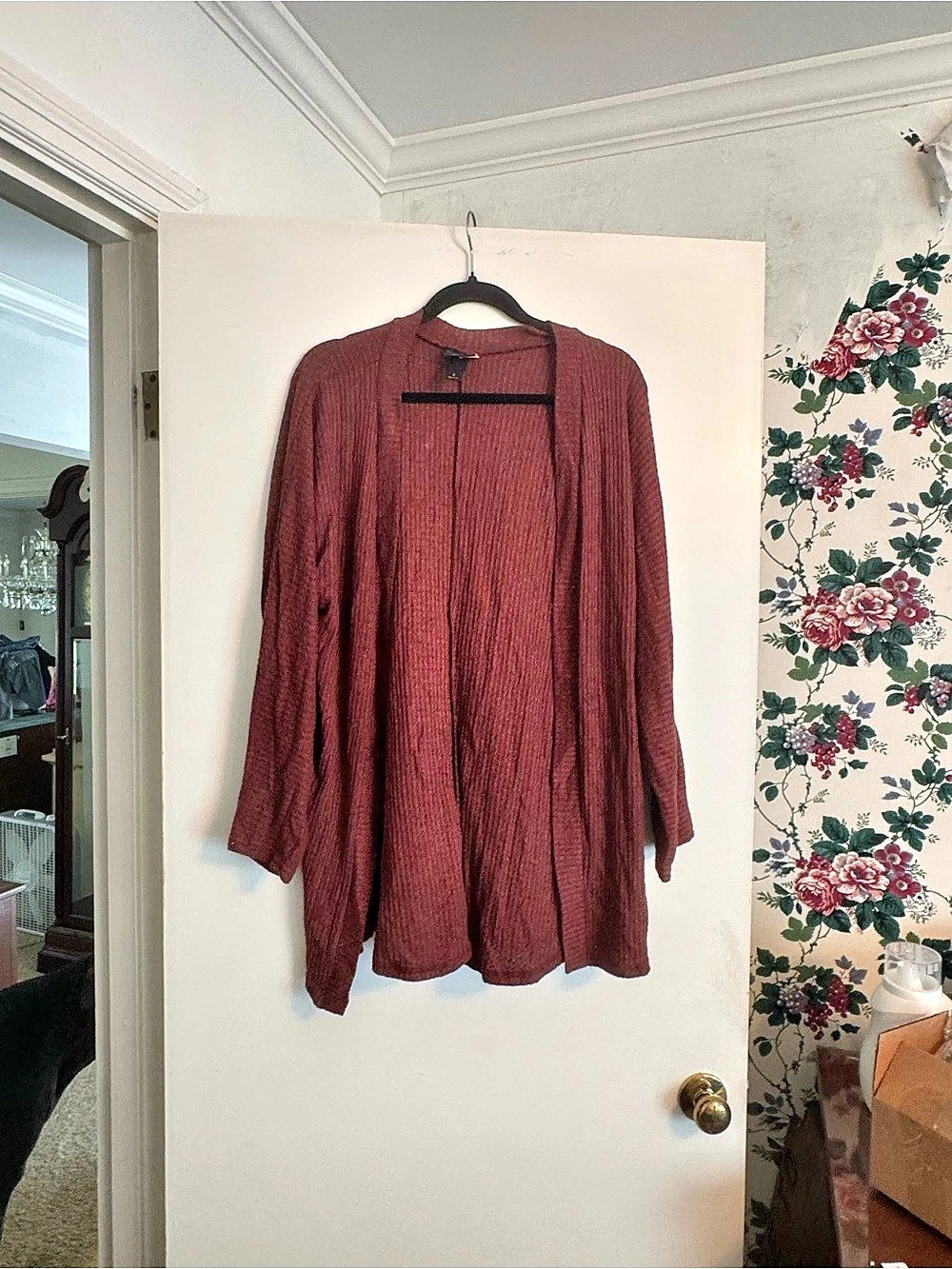Mystree Ribbed Open Front Cardigan in Burgundy Size Small Like New